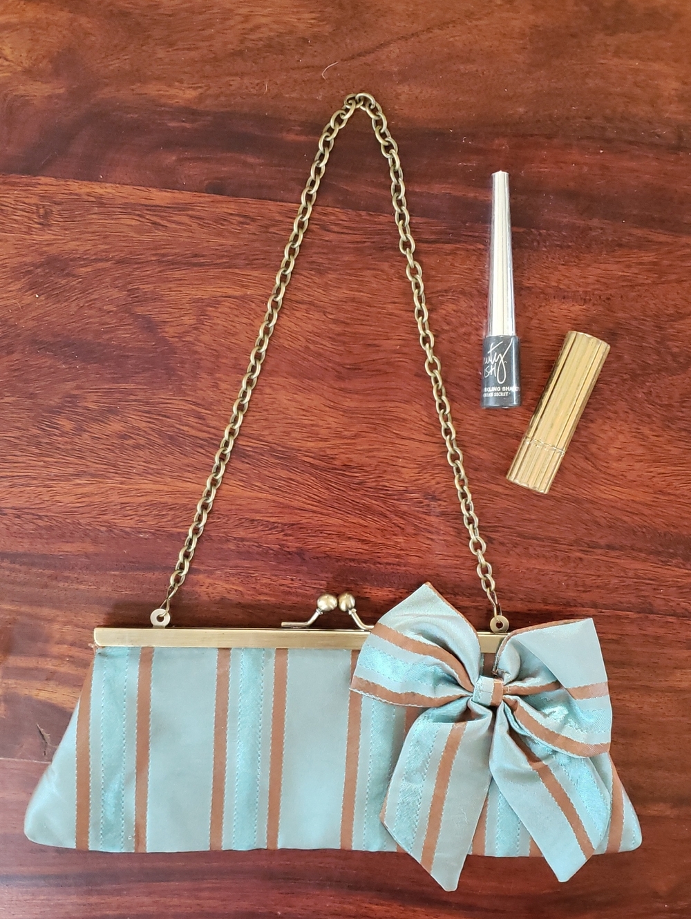 Vintage 90s Satin Polka Dot & Striped Clutch Set Blue Teal Copper Evening Bags - Picture 12 of 15